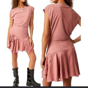 Free People Jazzy Cap Sleeve Lace Trim Mini T-Dress Rose Smoke Womens Size xs